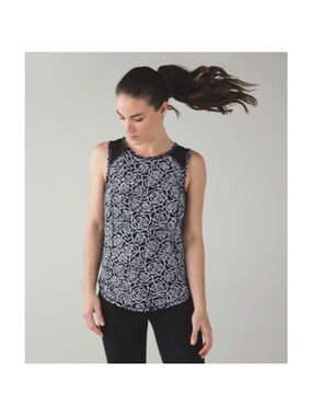 lululemon athletica Black Tank with White Floral Line Pattern
